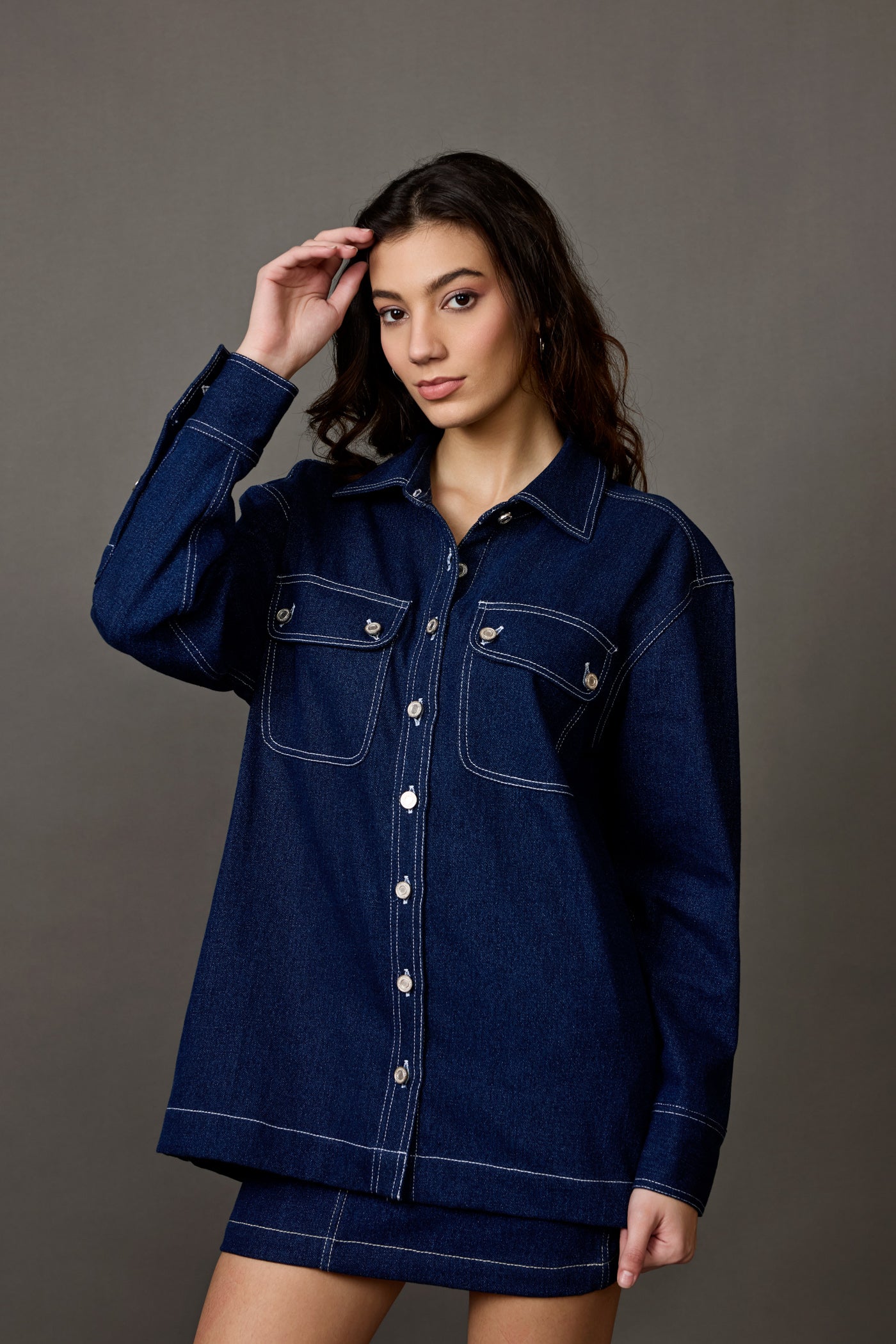 Midnight Blue Denim Jacket with Contrast Stitching and Rainbow Reflective Patch