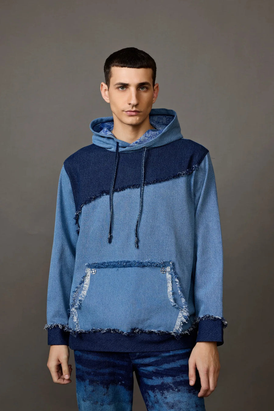 Two-Tone Blue Denim Patched Hoodie