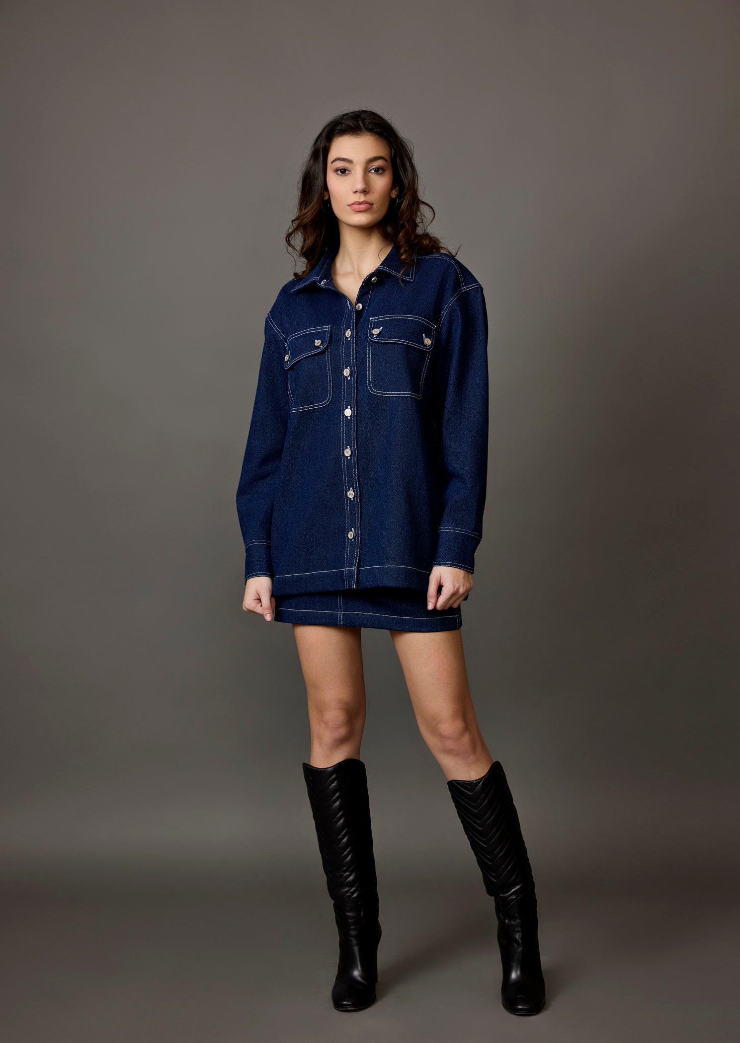 Midnight Blue Denim Jacket with Contrast Stitching and Rainbow Reflective Patch