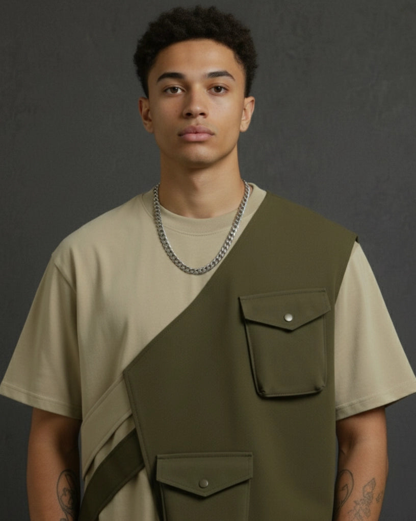 Green Oversized T-shirt with Cut out one shoulder jacket