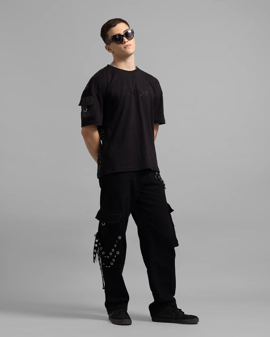 Multi Pocket Black Denim Cargo Pants
