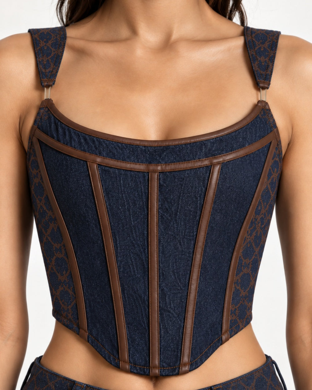 Blue and Brown Denim Corset Top