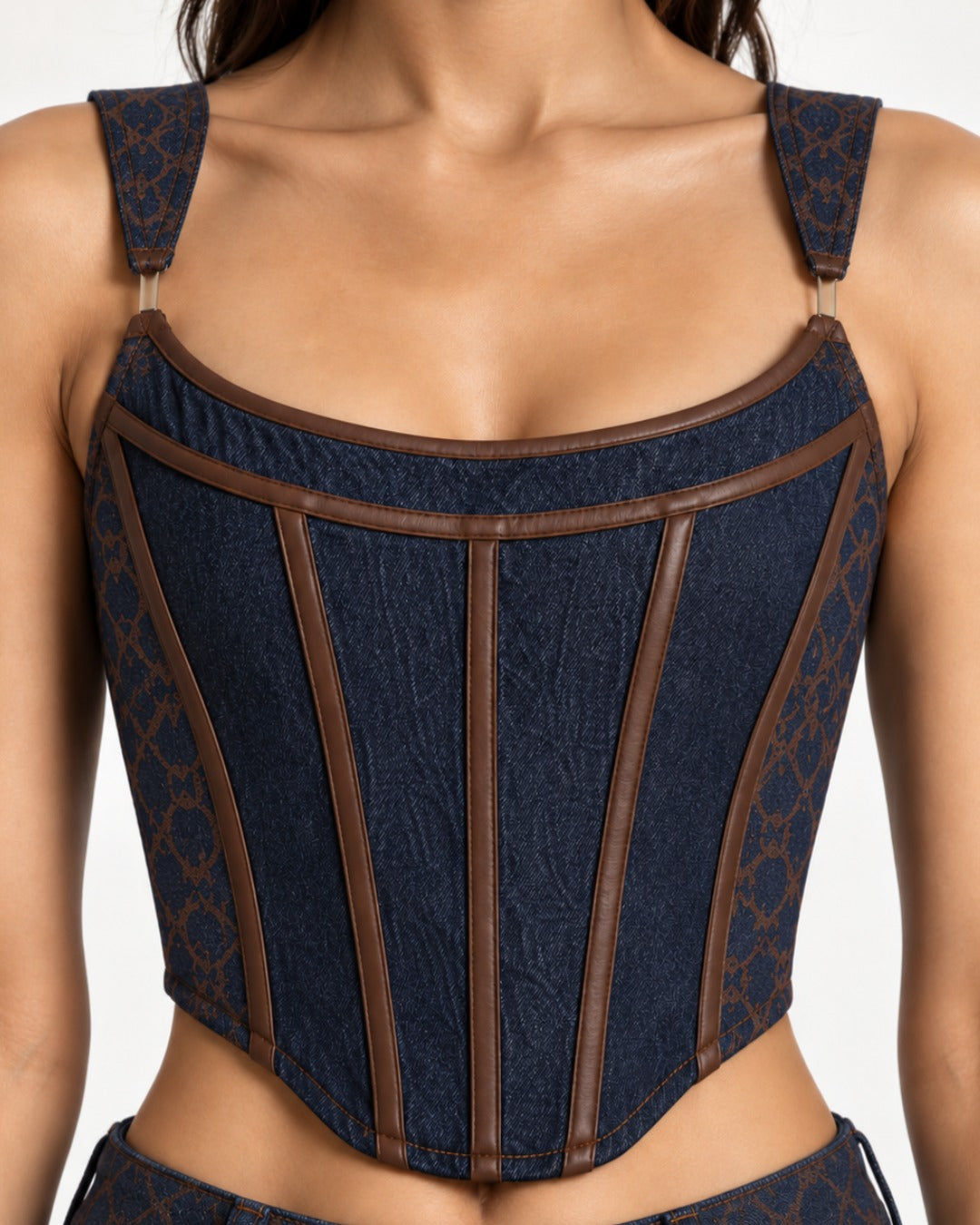 Blue and Brown Denim Corset Top