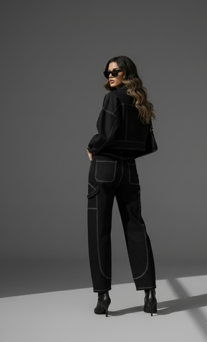 Black and White Piping Barrel Denim Pants