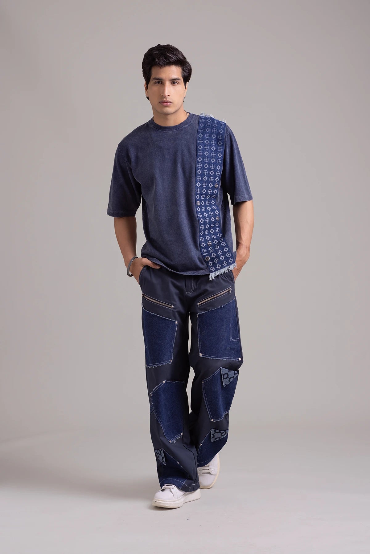 Washed Navy Oversized T-shirt with Denim Panel