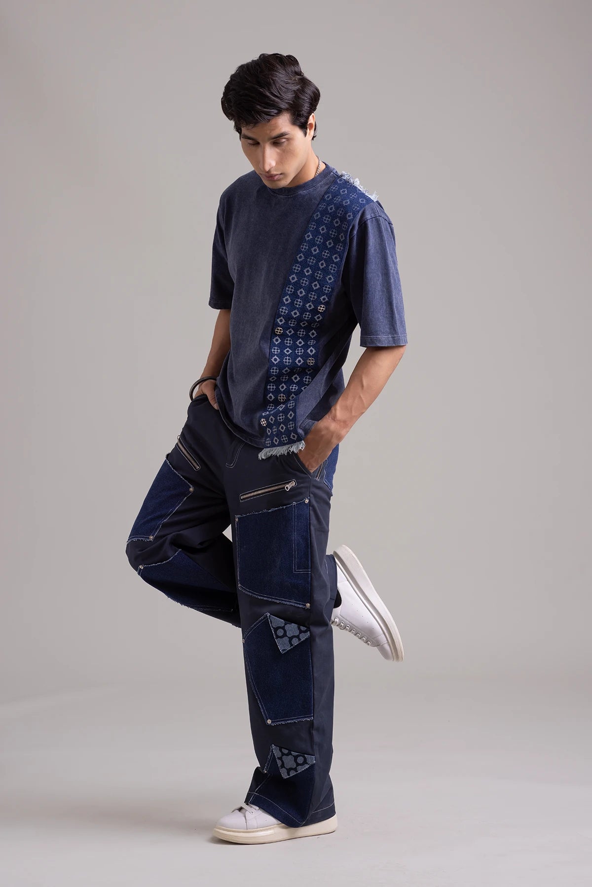 Washed Navy Oversized T-shirt with Denim Panel