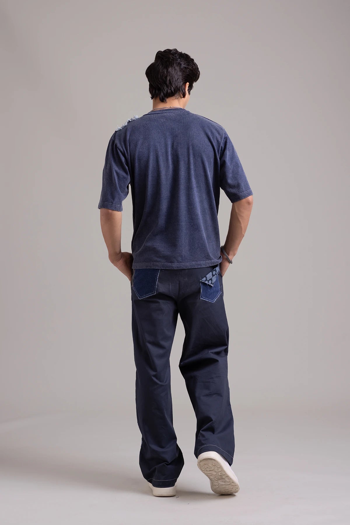 Washed Navy Oversized T-shirt with Denim Panel