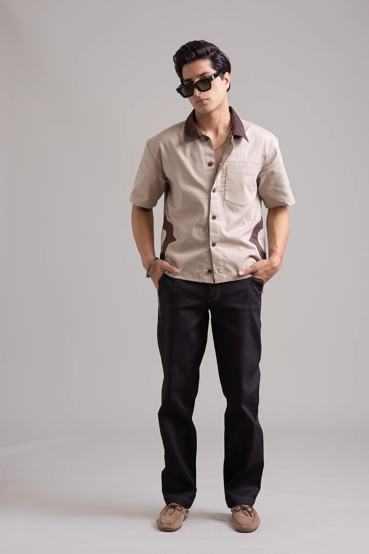 Beige Luxe Summer Shaket with Brown Contrast