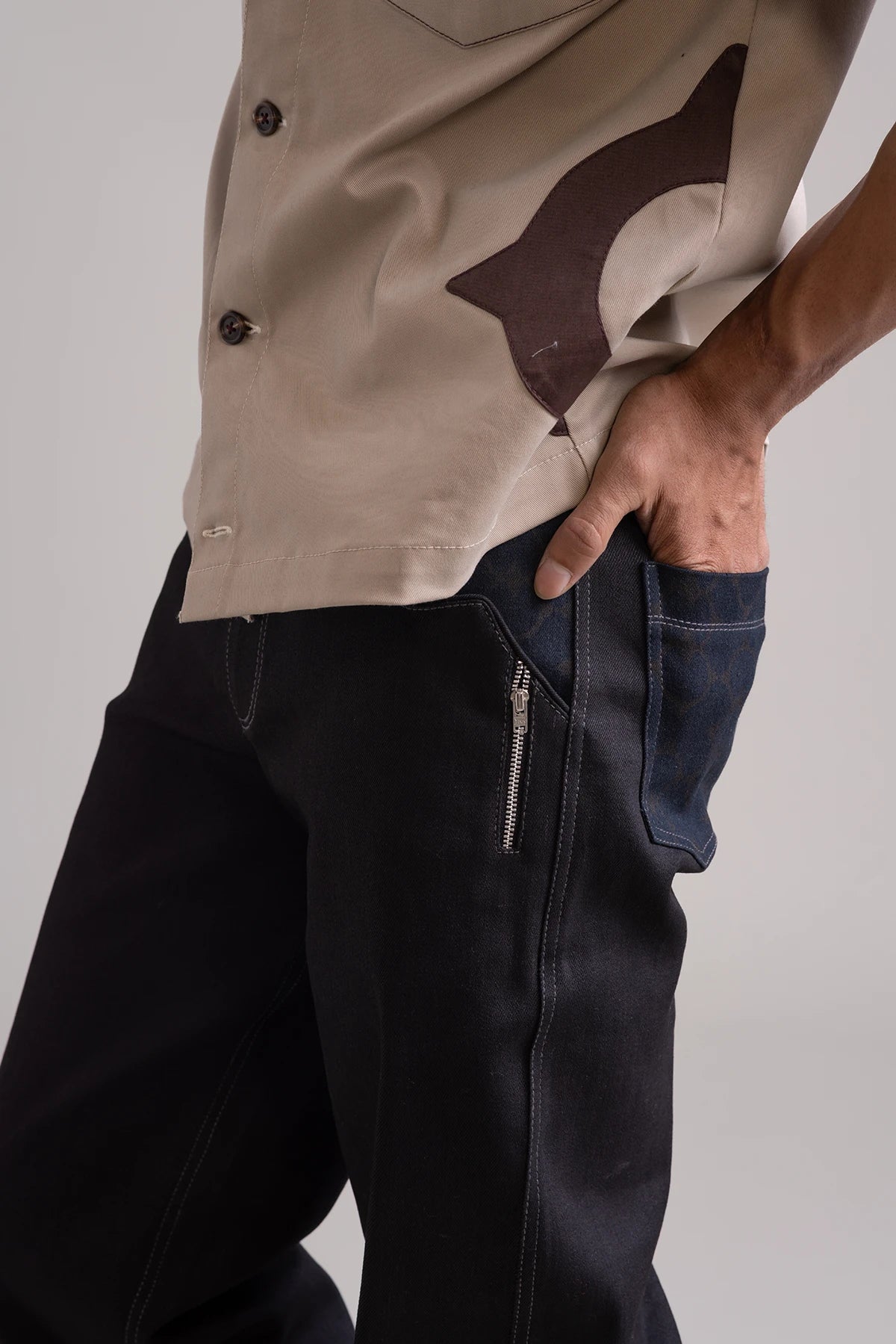 Black Straight Leg Denim Pants with Logo Print