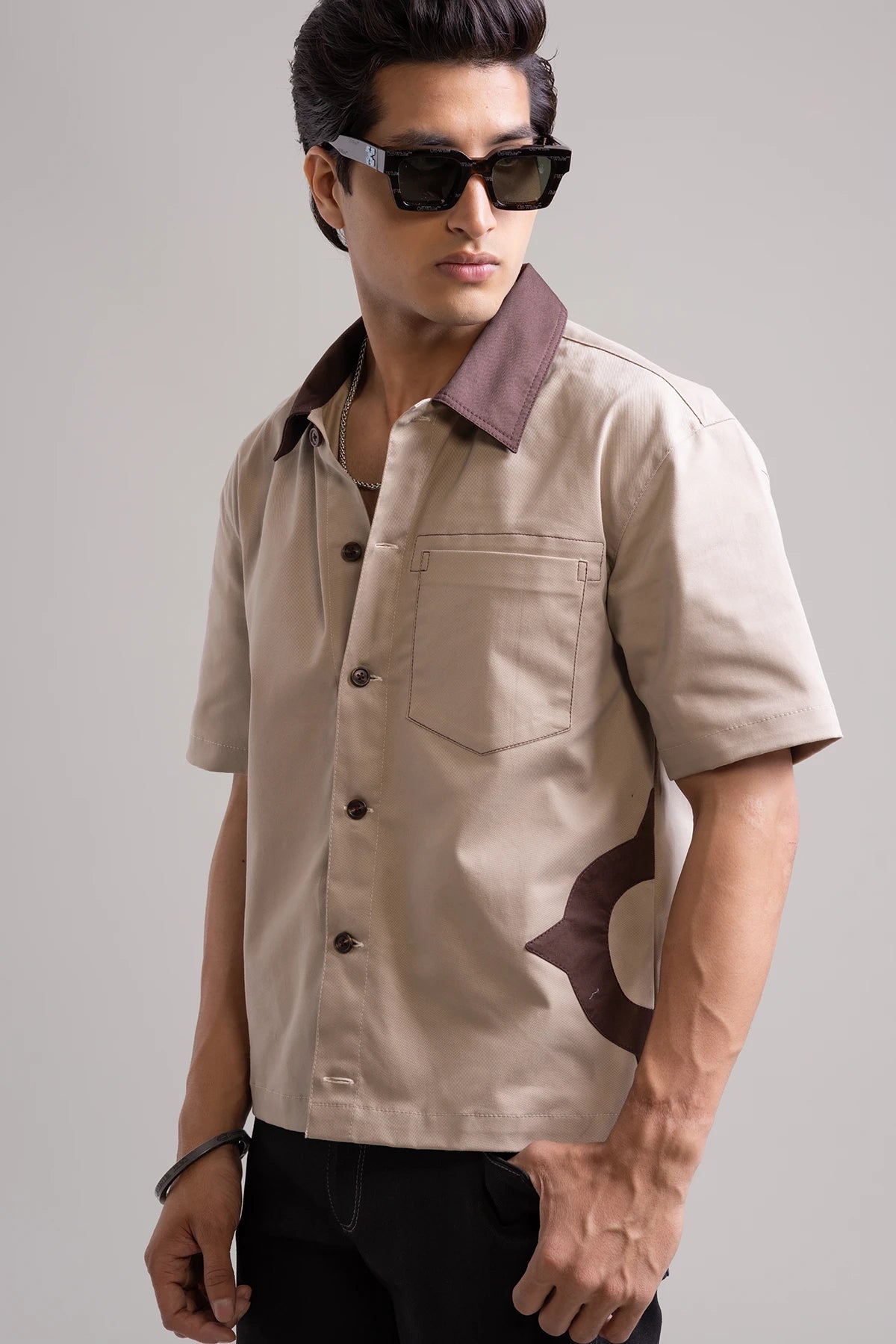 Beige Luxe Summer Shaket with Brown Contrast