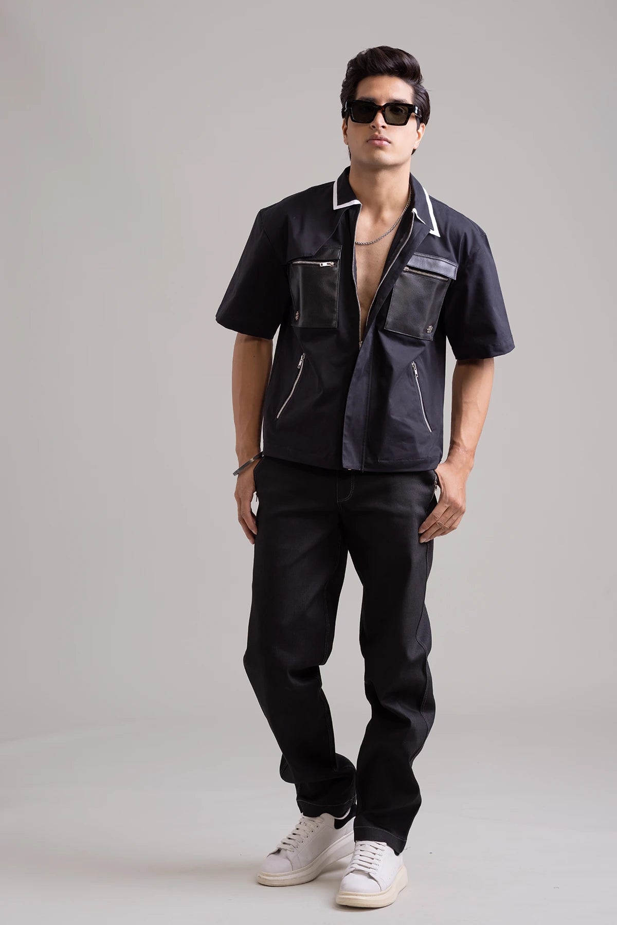 Black Eclipse Edge Summer Shirt with Asymmetric Collar