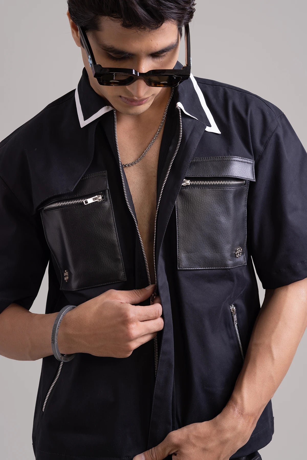 Black Eclipse Edge Summer Shirt with Asymmetric Collar