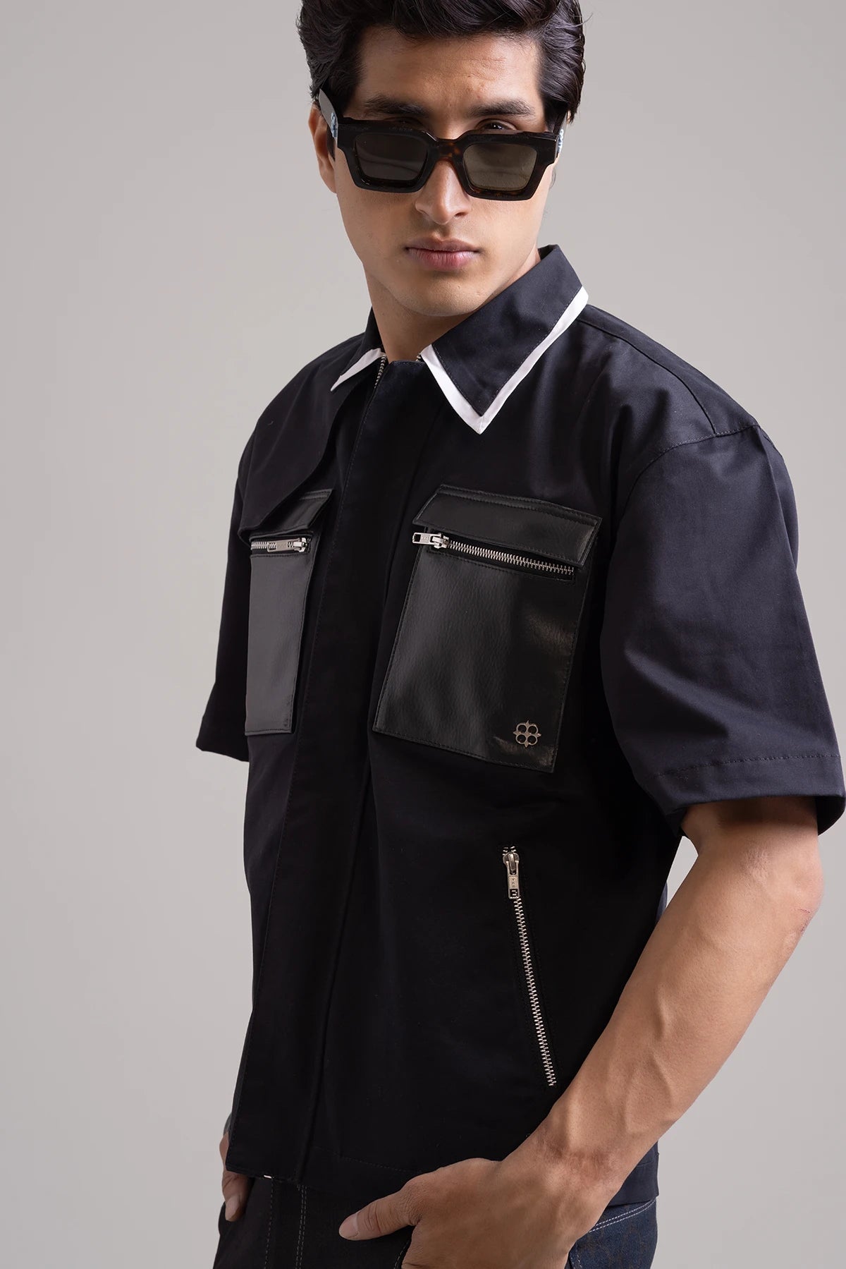 Black Eclipse Edge Summer Shirt with Asymmetric Collar