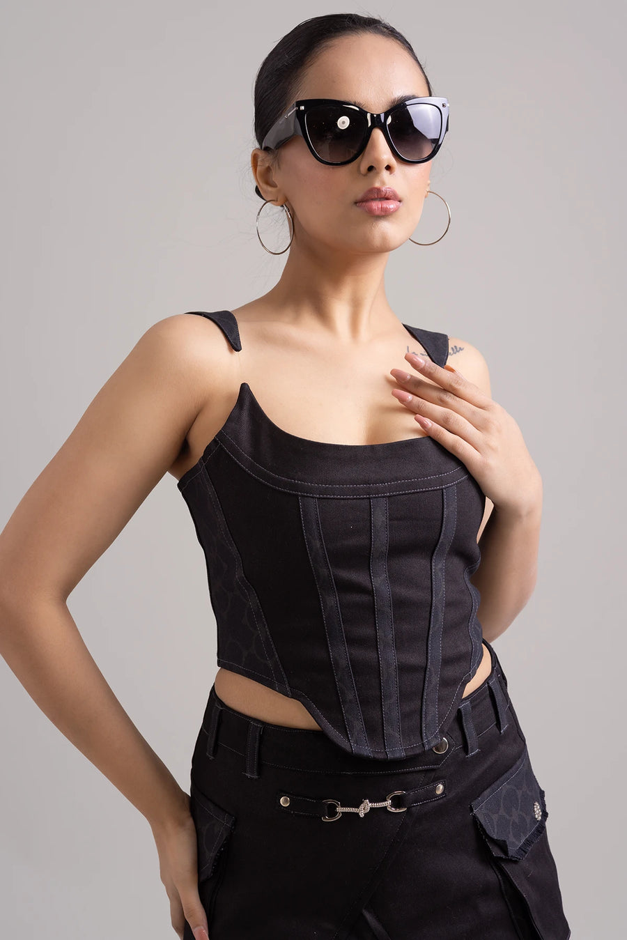 Two-Tone Black False Strap Corset Top