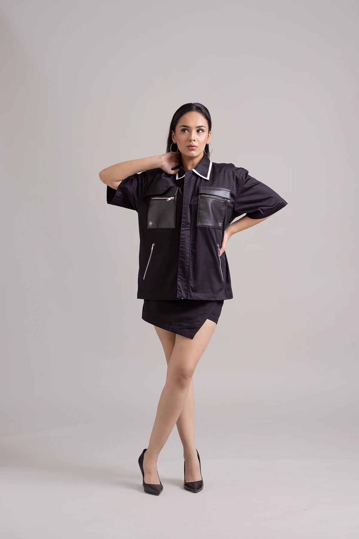 Black Eclipse Edge Summer Shirt with Asymmetric Collar