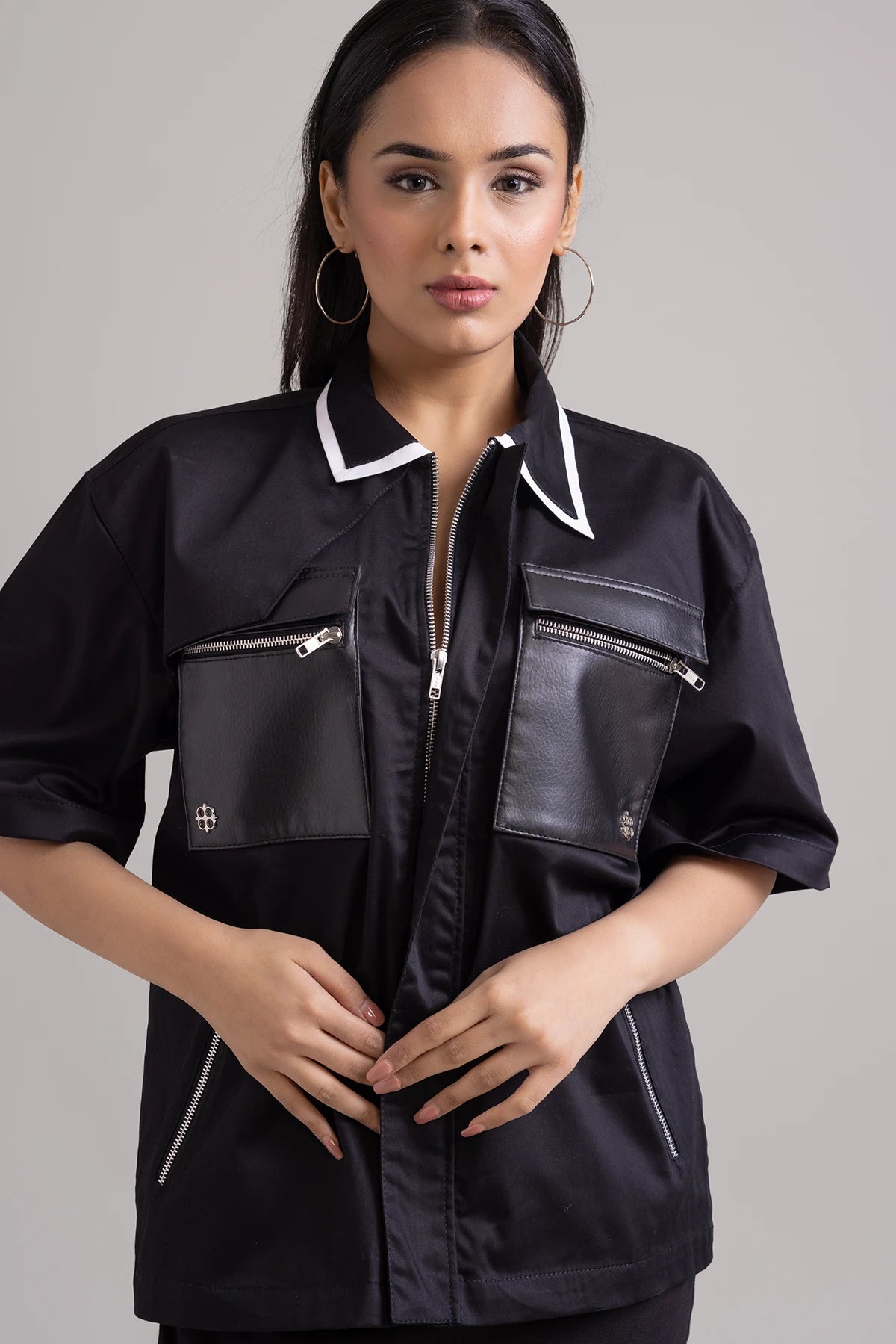 Black Eclipse Edge Summer Shirt with Asymmetric Collar