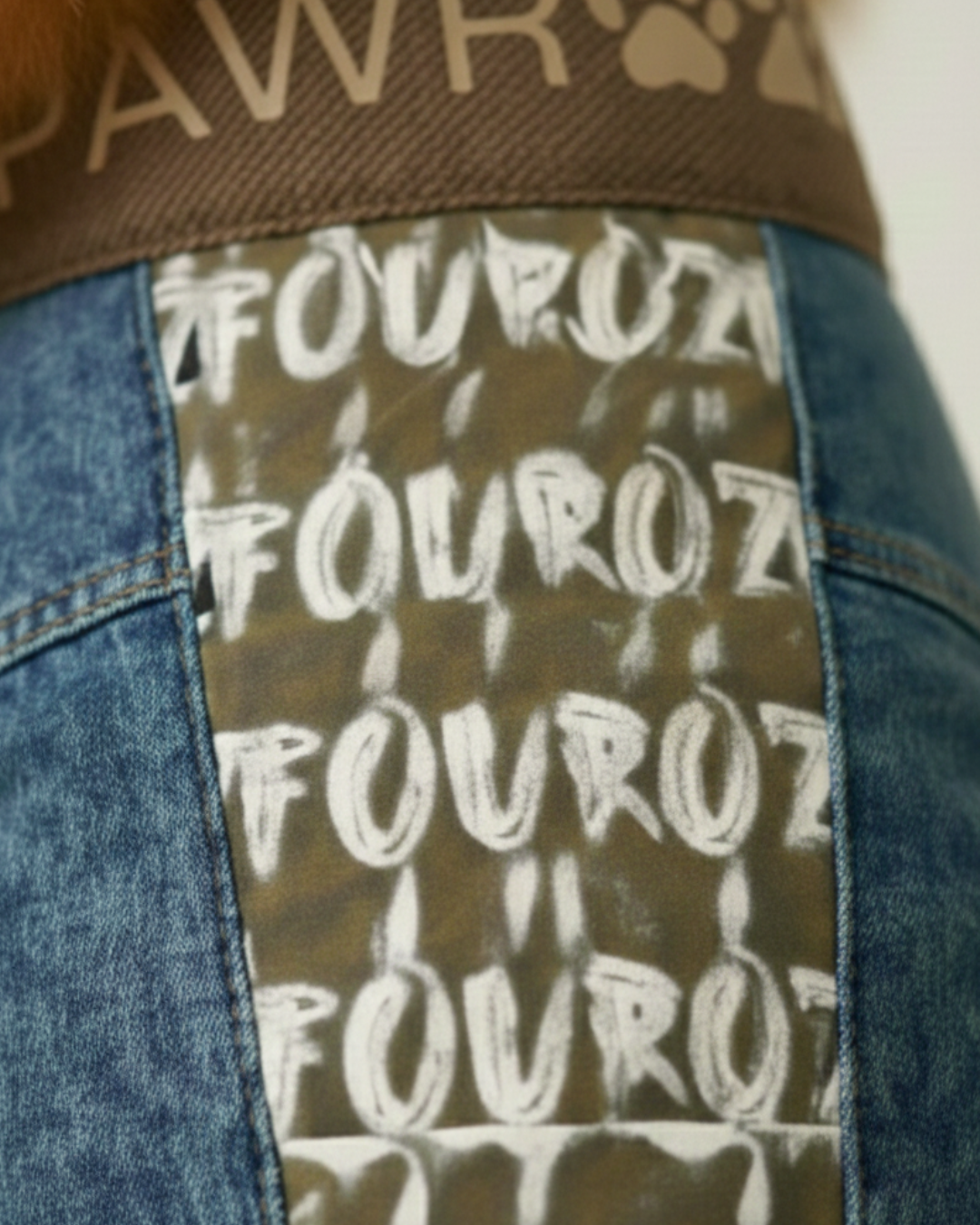 Beige Printed Side Panel Denim Dog Jacket and Bandana Set