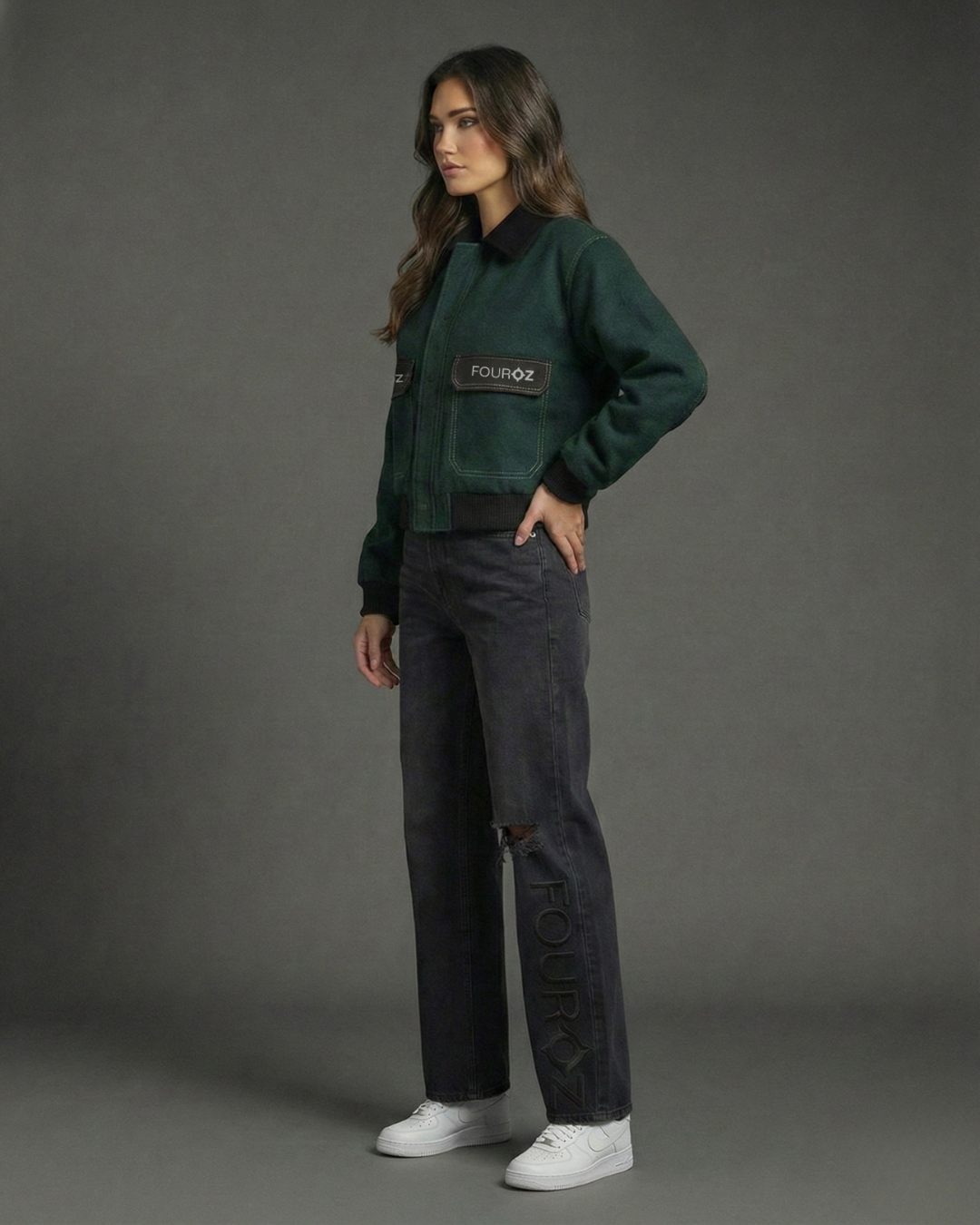 Black Straight Leg Fouroz Detail Denim Pants