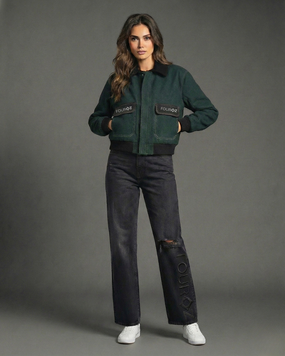 Black Straight Leg Fouroz Detail Denim Pants