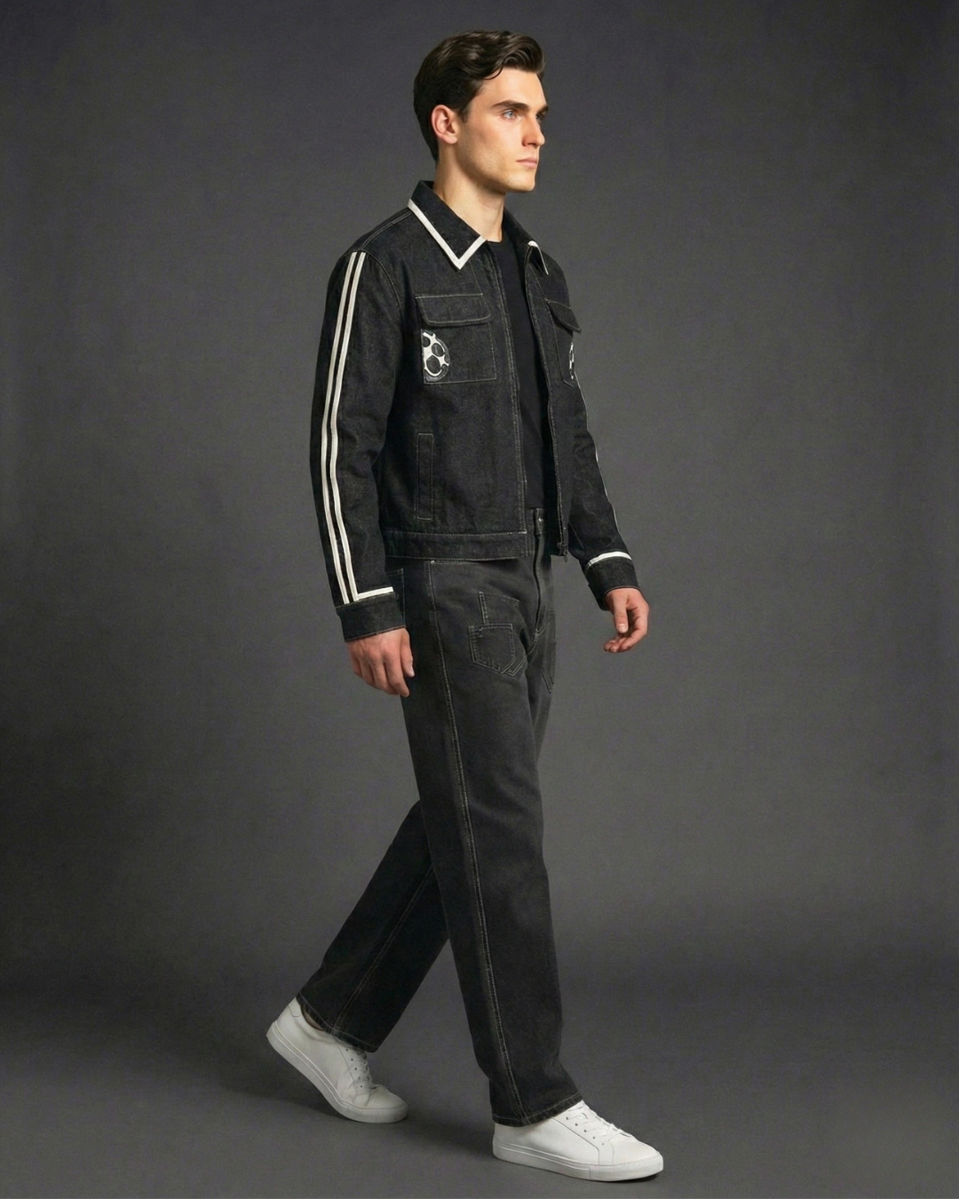 Black Contrast Stripe Denim Jacket