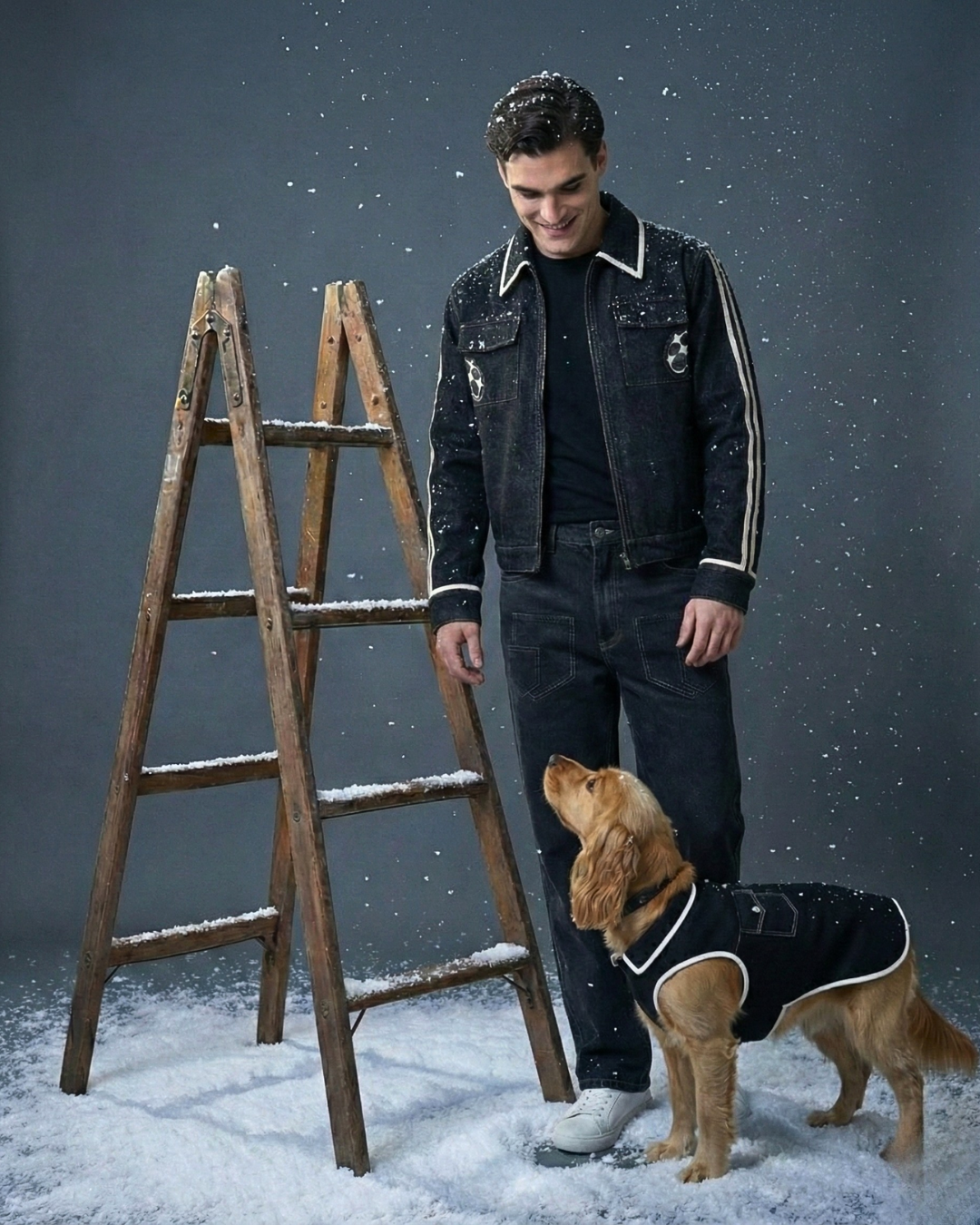 Black Contrast Stripe Dog Jacket and Bandana Set