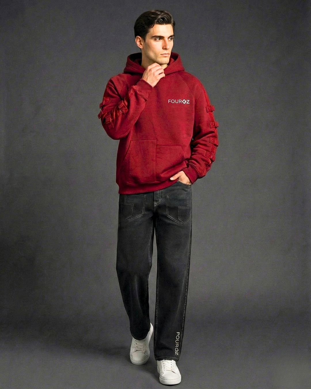 Red Oversized Hoodie with Strap Details