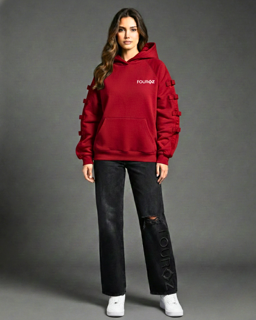 Red Oversized Hoodie with Strap Details