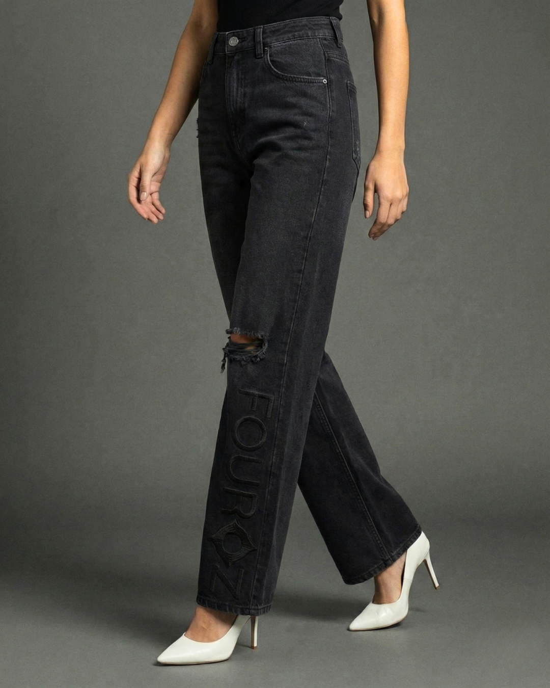 Black Straight Leg Fouroz Detail Denim Pants