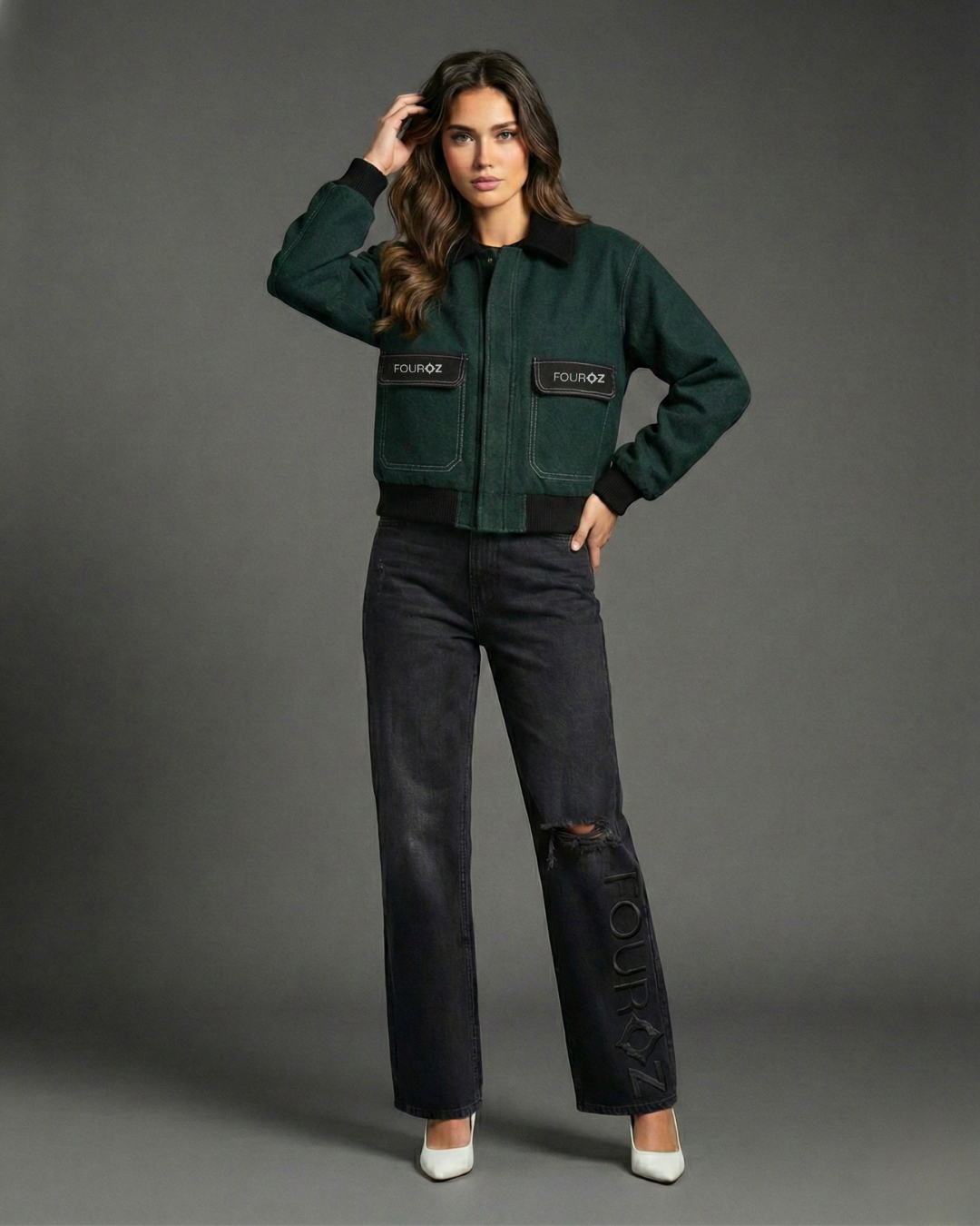 Black Straight Leg Fouroz Detail Denim Pants