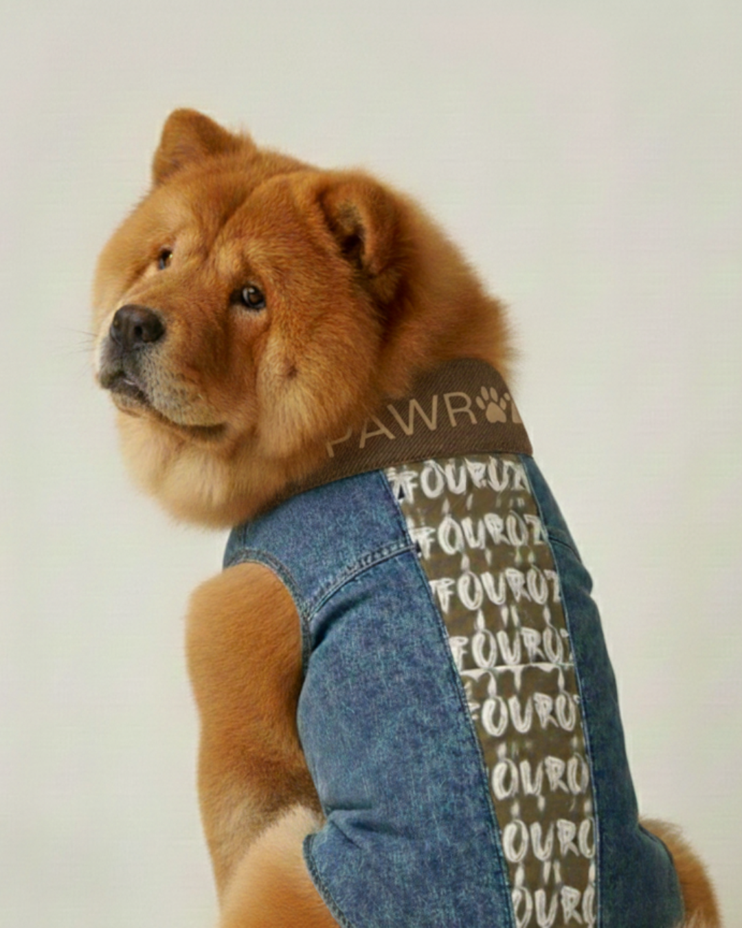 Beige Printed Side Panel Denim Dog Jacket and Bandana Set