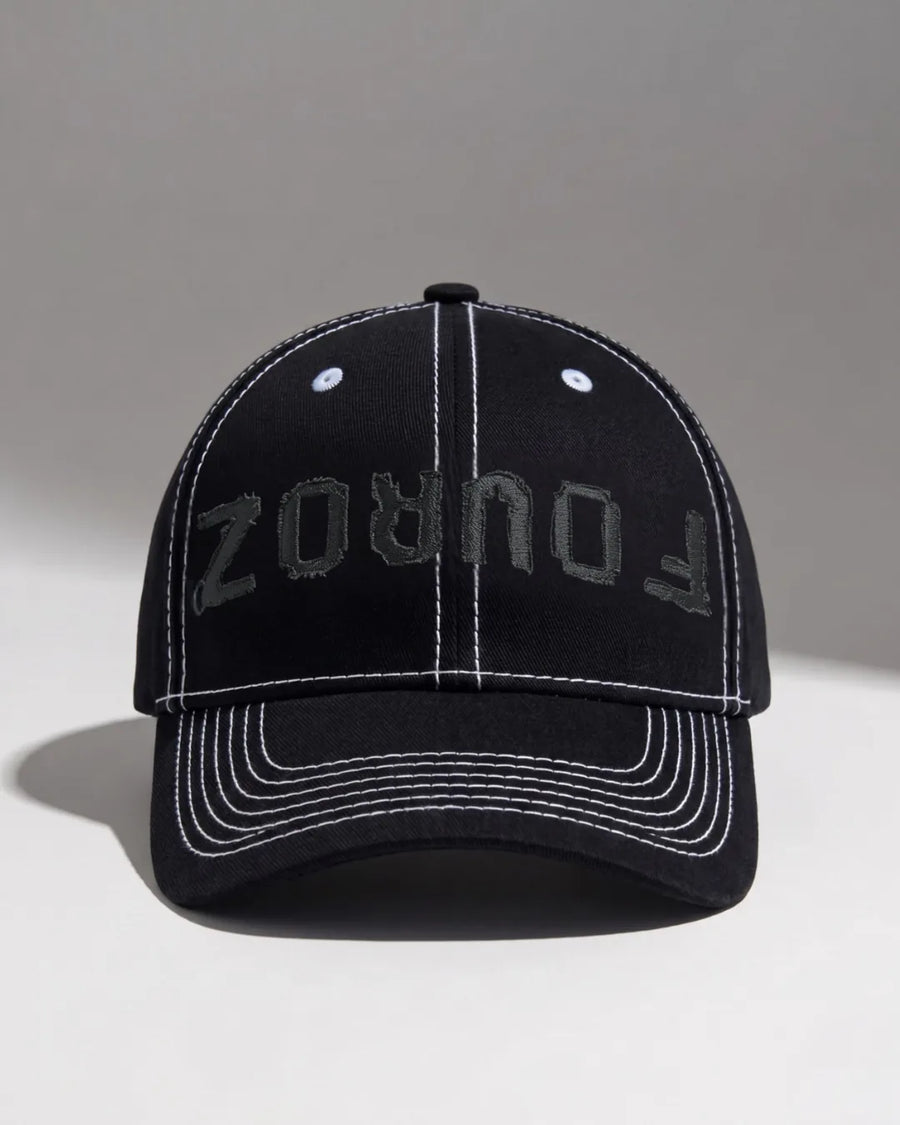 Black Street Typography Cap – FOUROZ unisex black cap – front view