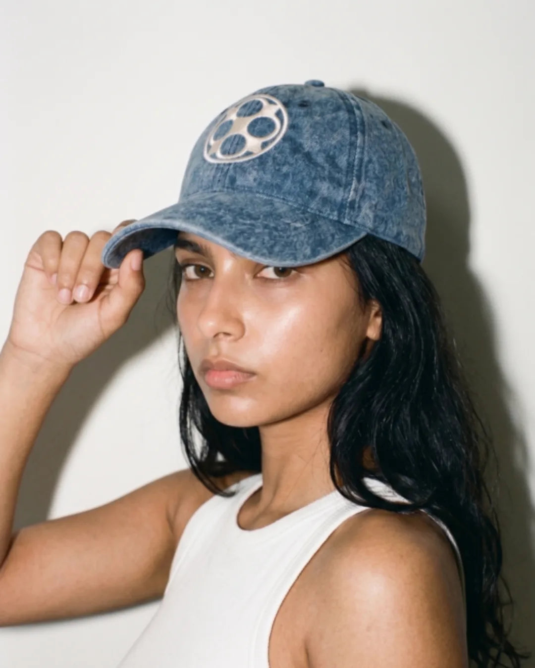 Blue Washed Denim Cap – on model