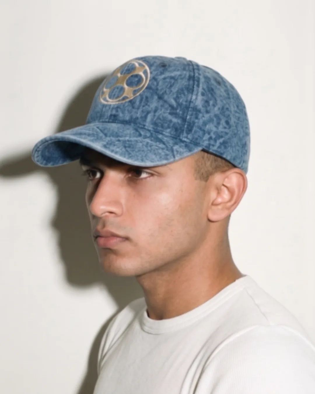 Blue Washed Denim Cap – on model side profile