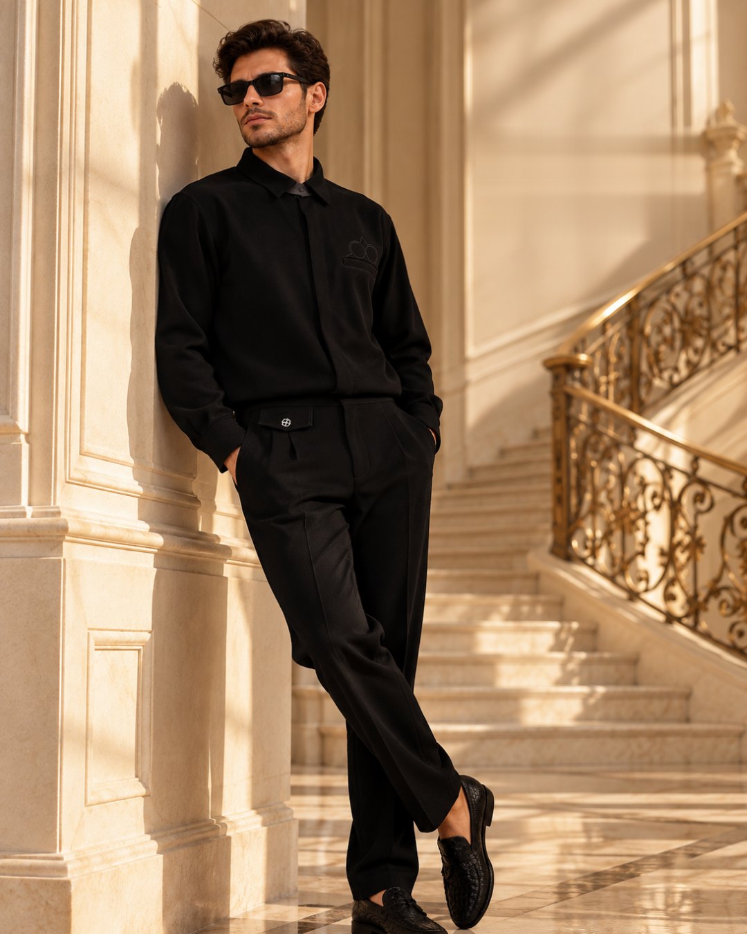 Man in a black Fouroz shirt and trousers