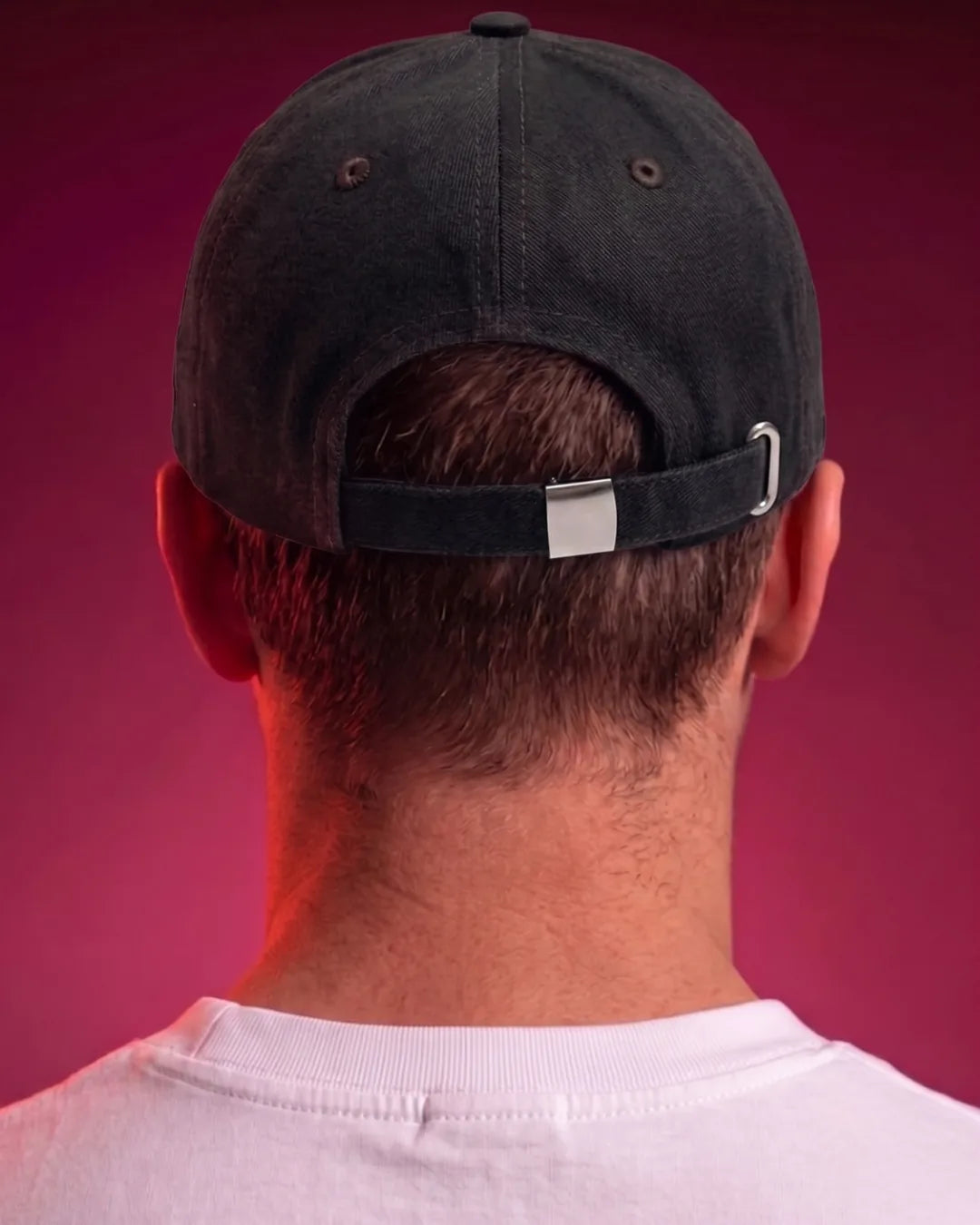 Red Flame Typography Black Cap – FOUROZ unisex cap – back view on model