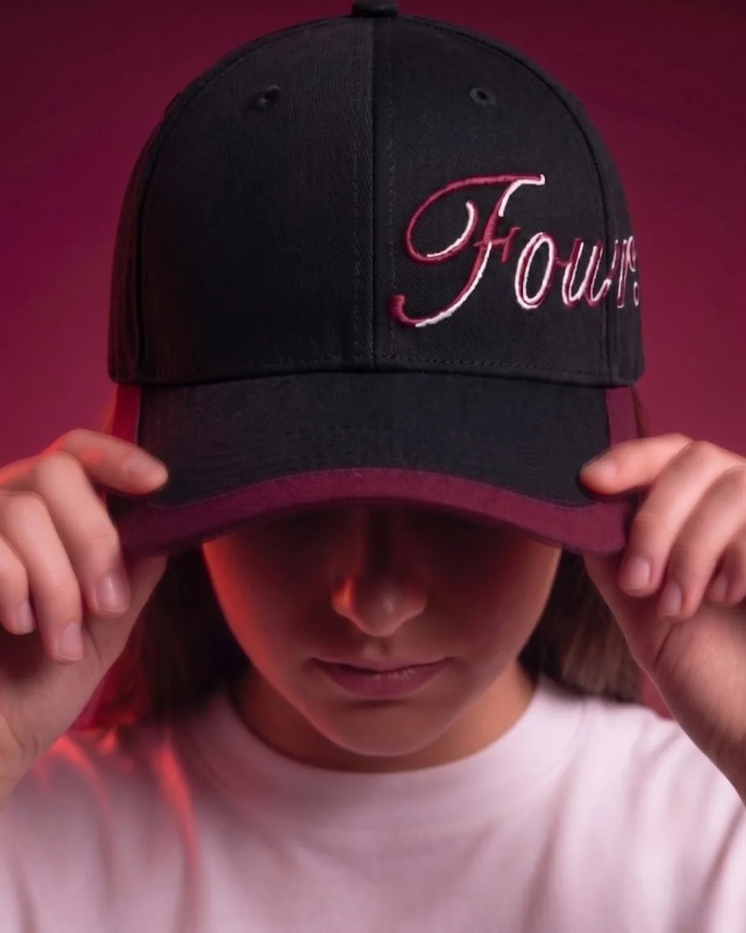 Red Flame Typography Black Cap – FOUROZ unisex cap – script embroidery detail