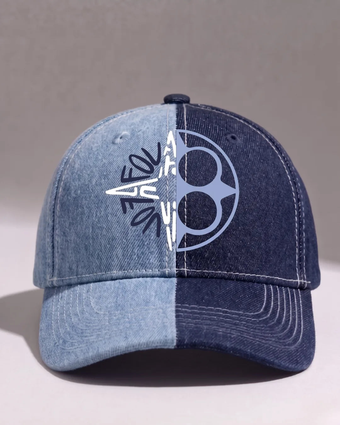 Split Two Tone Denim Graphic Cap – FOUROZ unisex denim cap – front product view