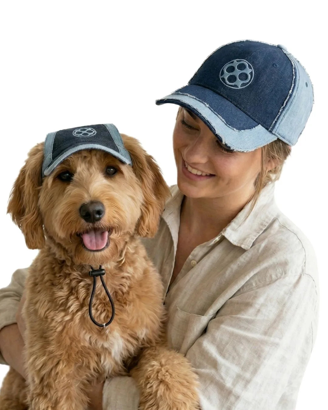 Two-Tone Blue Denim Dog Cap and Human Cap Set – human cap front view