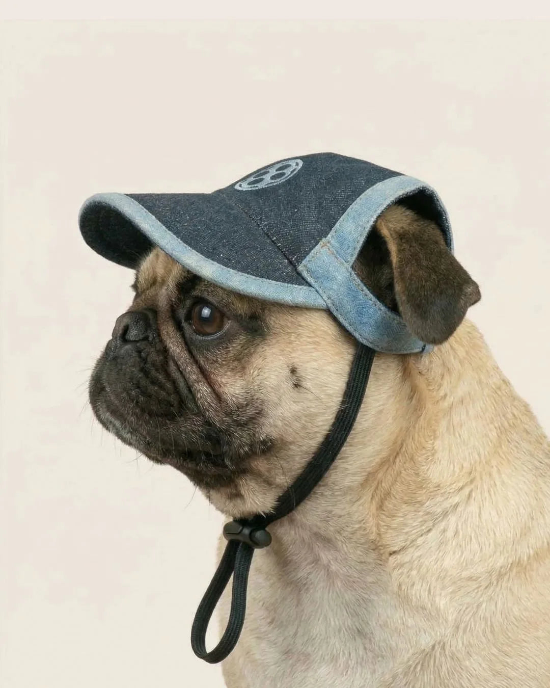 Two-Tone Blue Denim Dog Cap – pug side profile