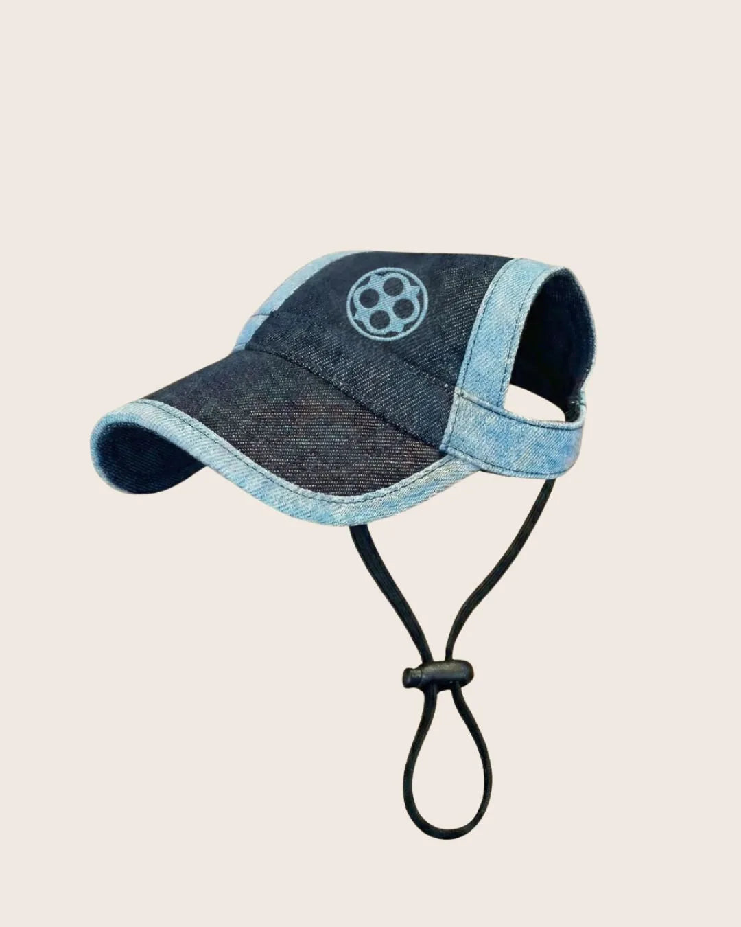 Two-Tone Blue Denim Dog Cap – chin strap detail