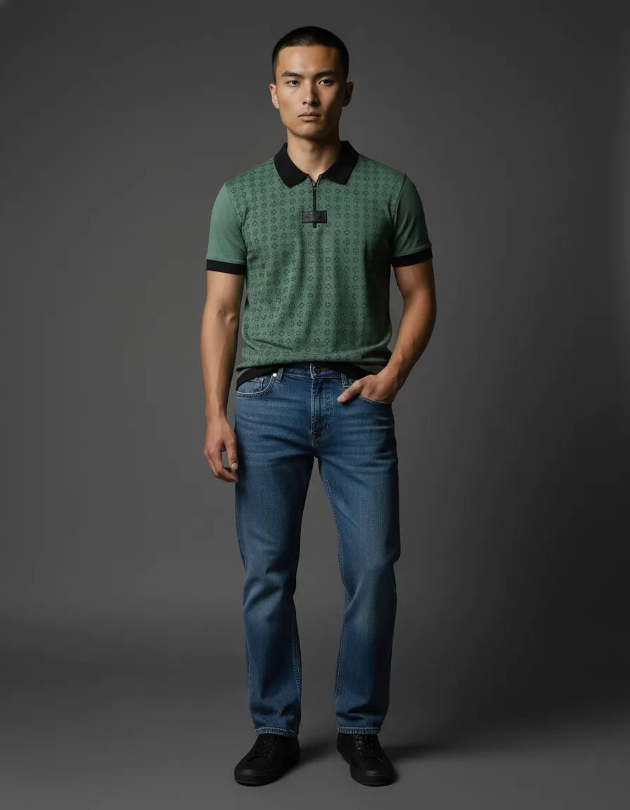 Green all over print Polo Shirt and zipper