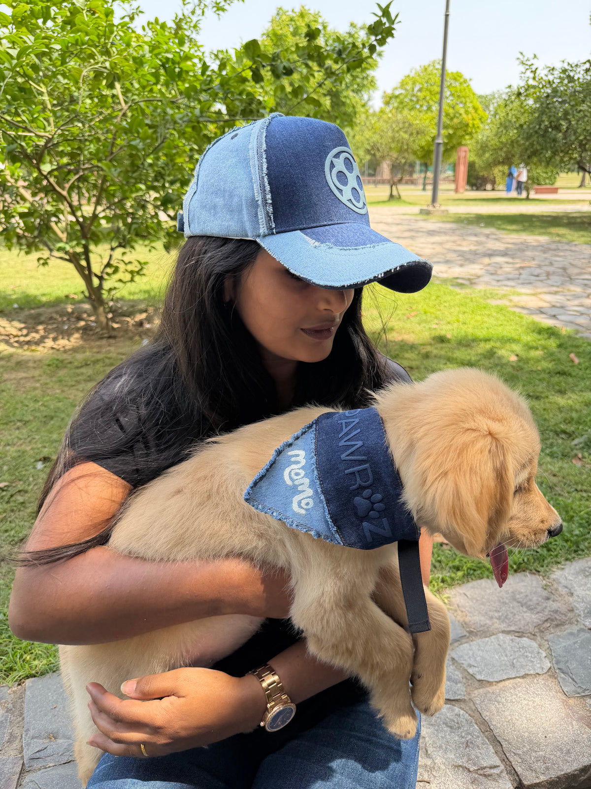 Two Tone Denim Patched Dog Bandana on a puppy