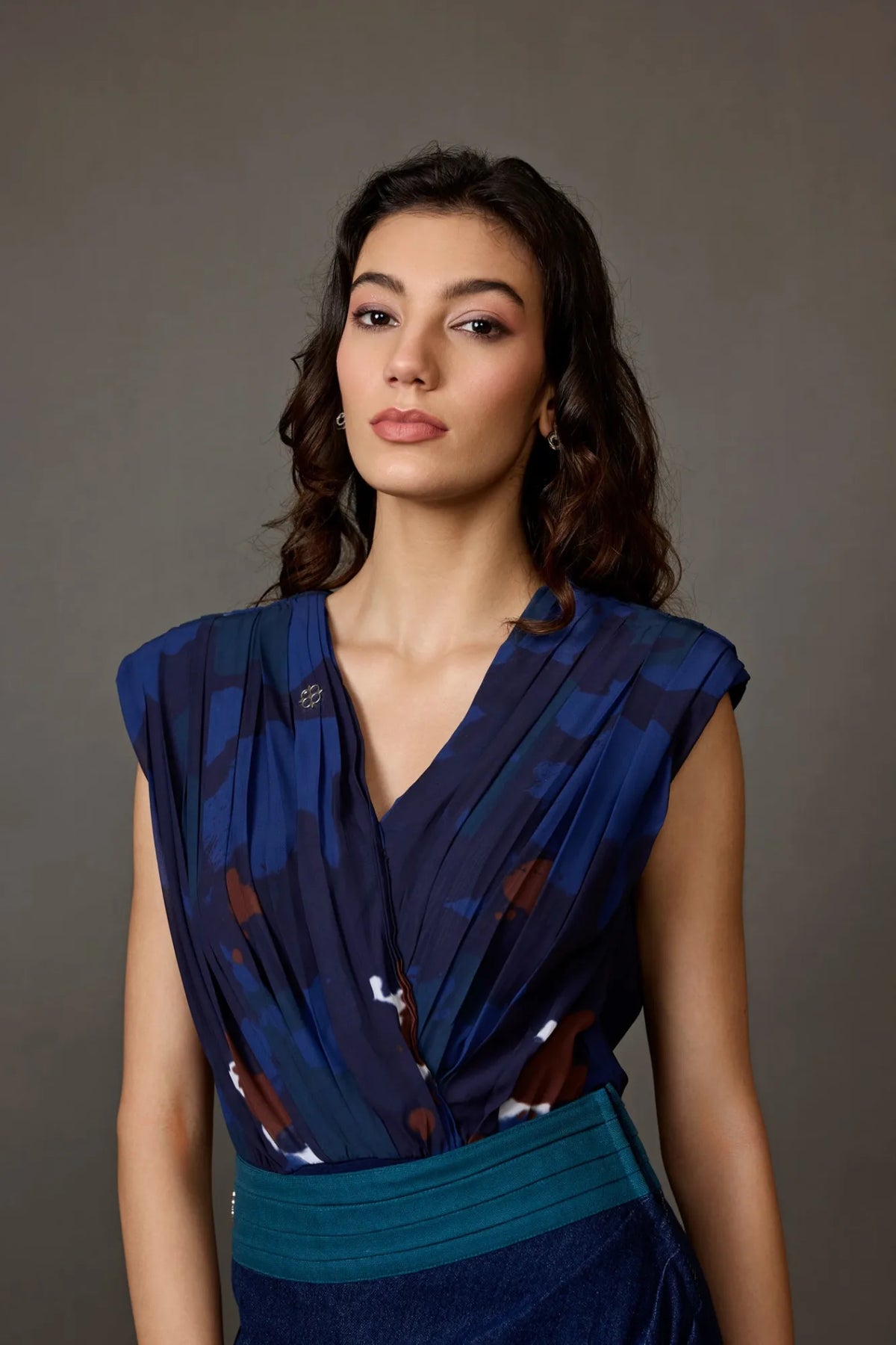 Blue Printed V Neck Bodysuit