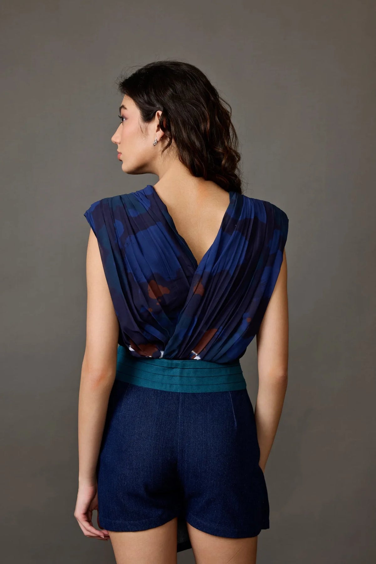 Blue Printed V Neck Bodysuit