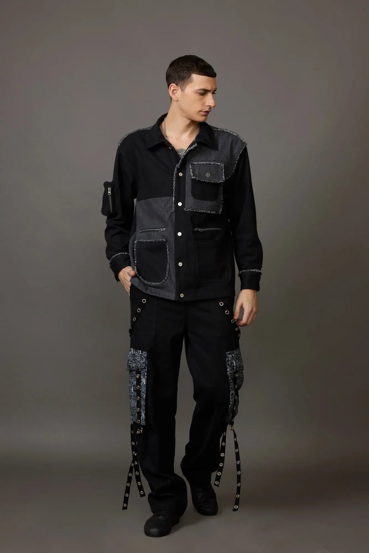 Black and Grey Patched Urban Shacket with Pockets