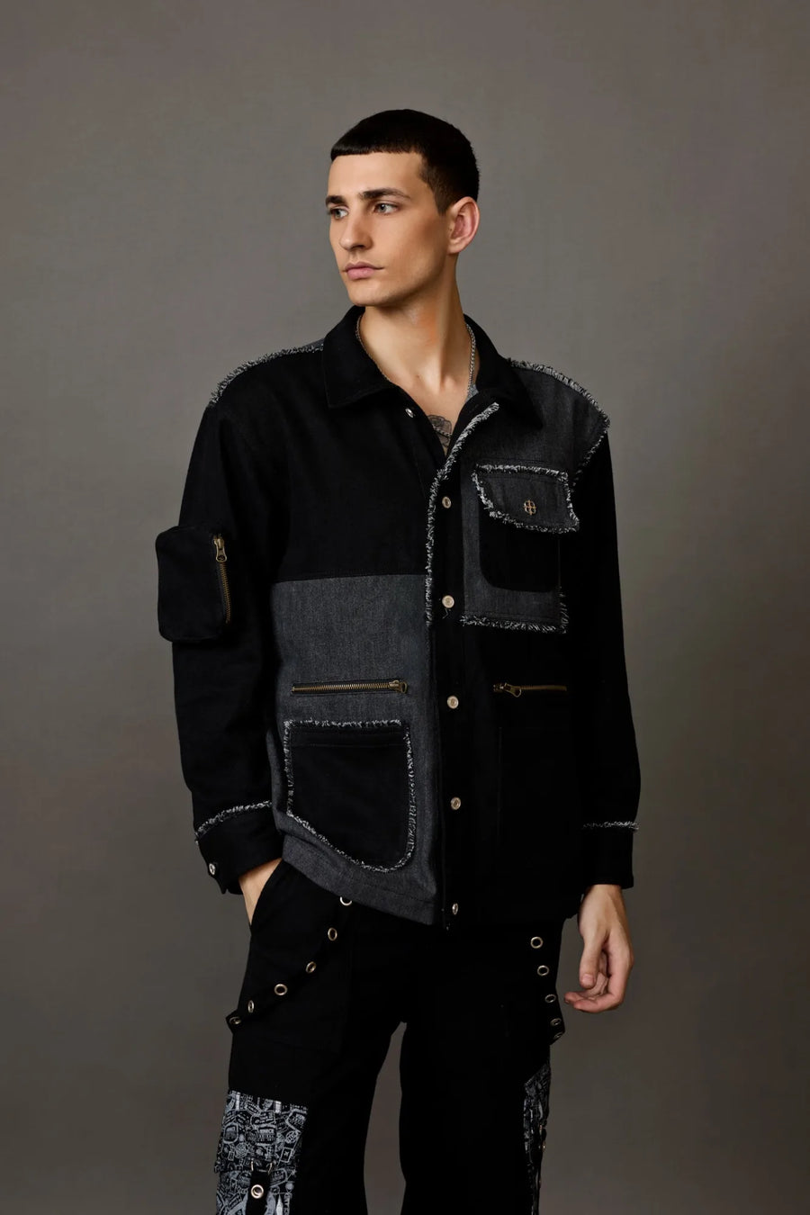 Black and Grey Patched Urban Shacket with Pockets