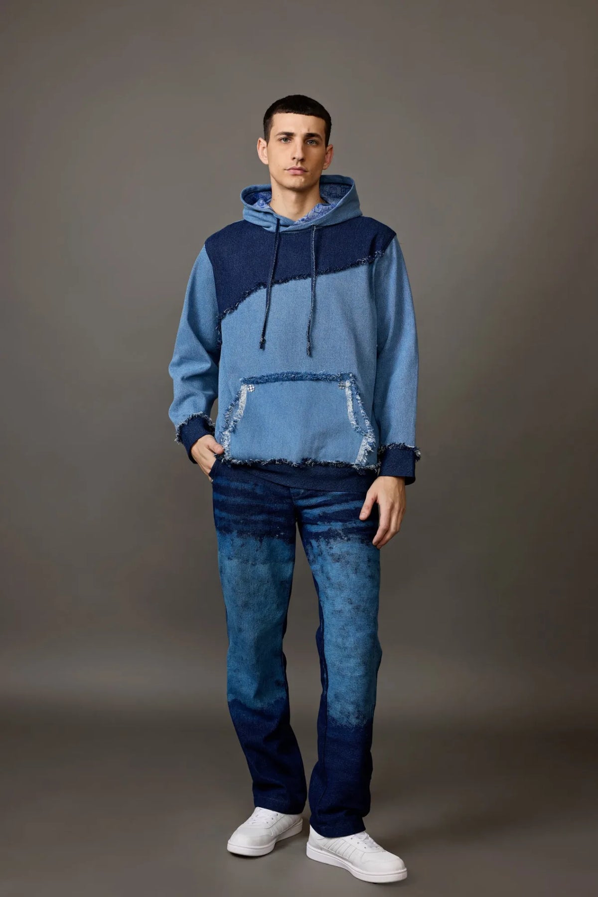 Two-Tone Blue Denim Patched Hoodie