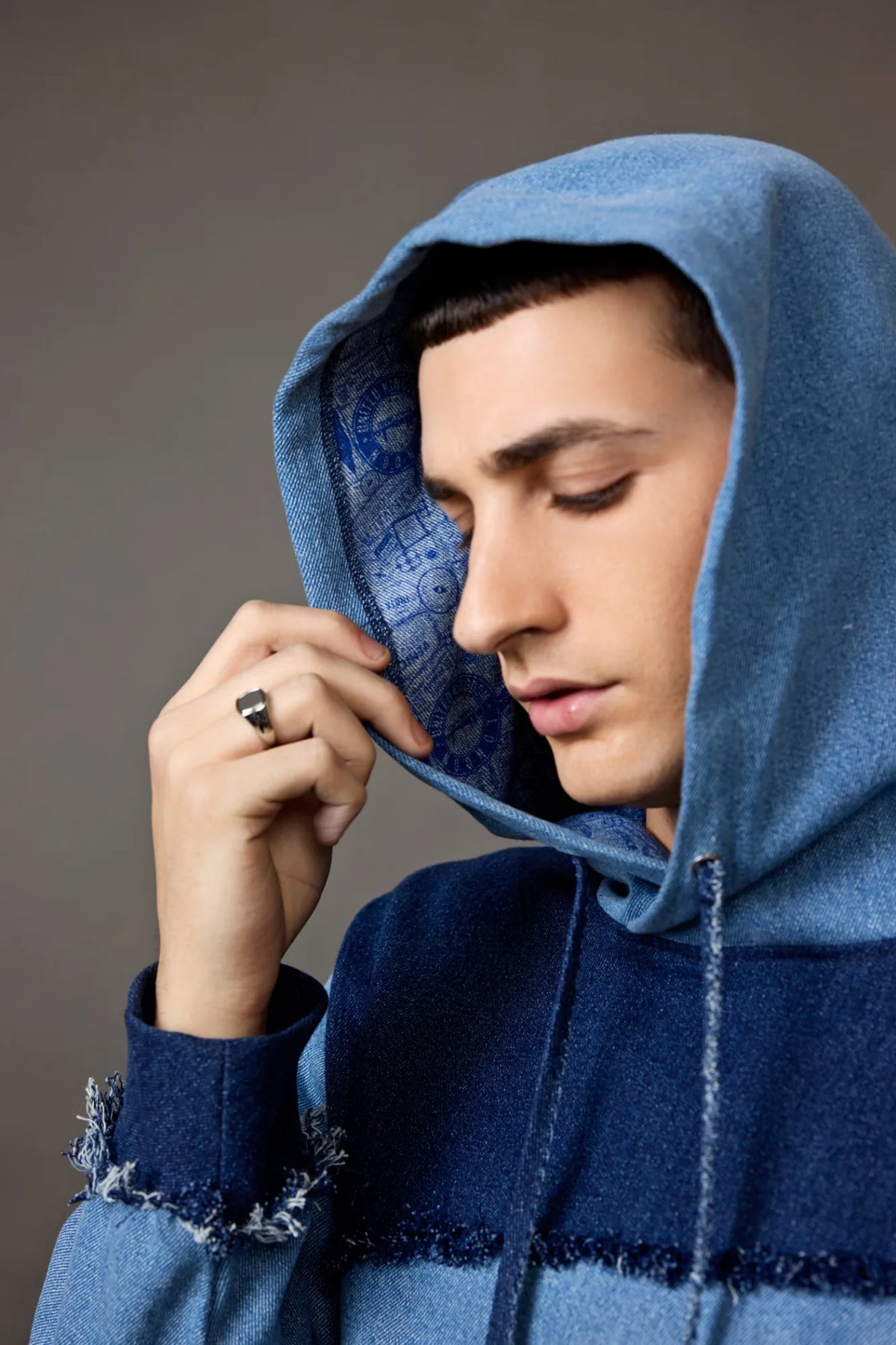 Two-Tone Blue Denim Patched Hoodie