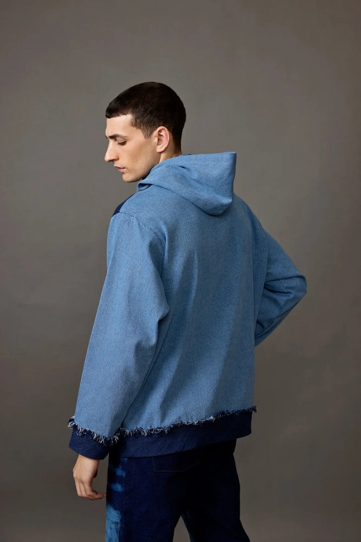 Two-Tone Blue Denim Patched Hoodie