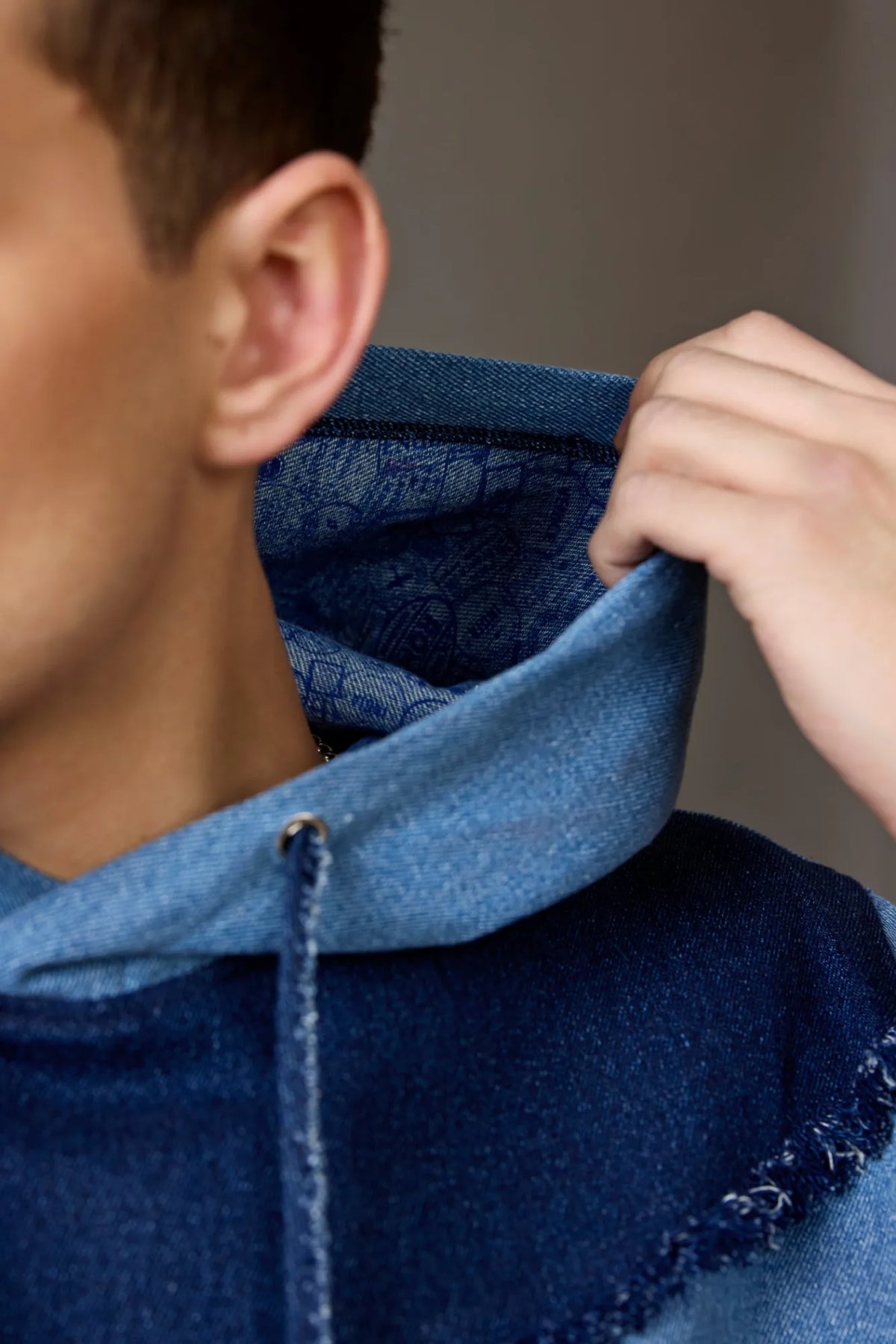 Two-Tone Blue Denim Patched Hoodie
